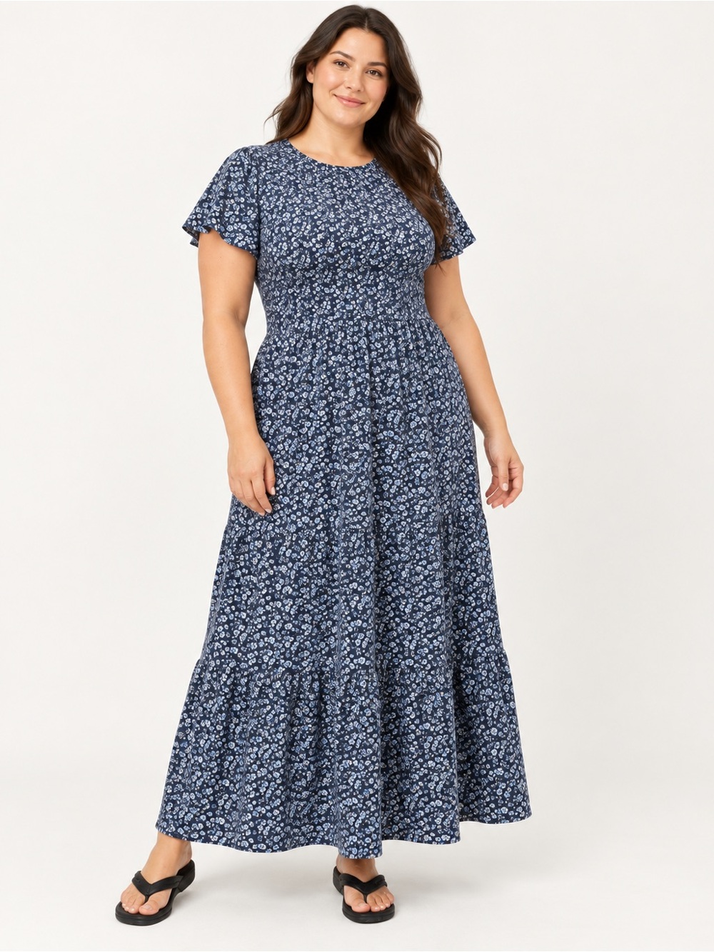 Women’s Navy Blue Floral Maxi Dress with Flutter Sleeves